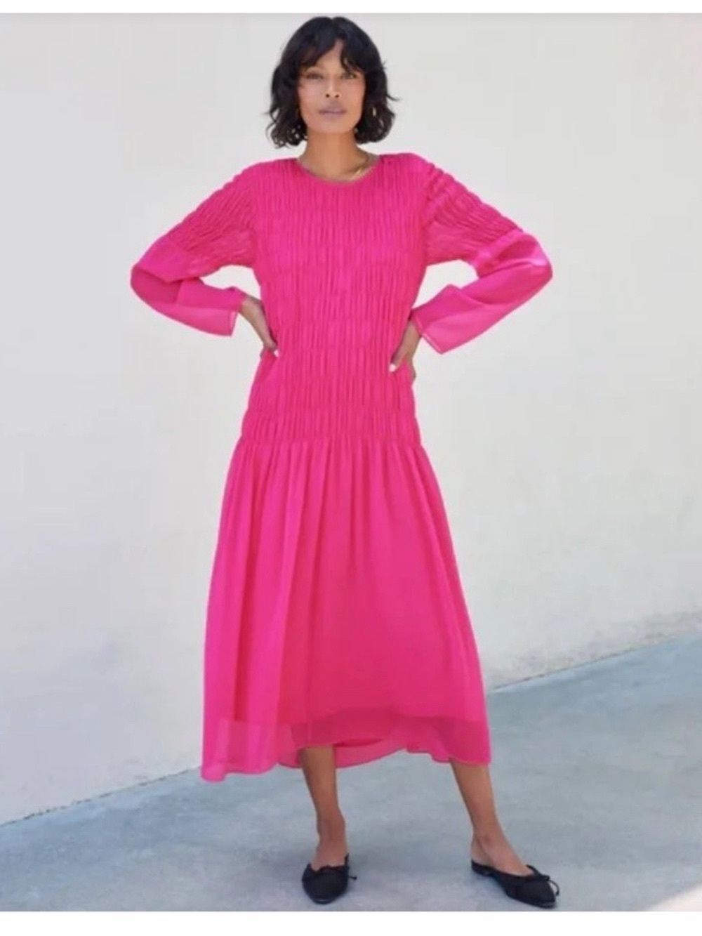 AYR The Something Special Silk Dress Pink Crinkle Flowy Smocked Ruched Sheer XS